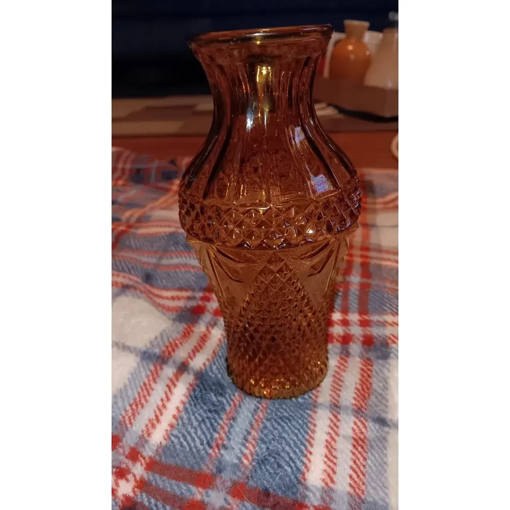 Vintage Amber Glass Vase Diamond Pattern 6.5